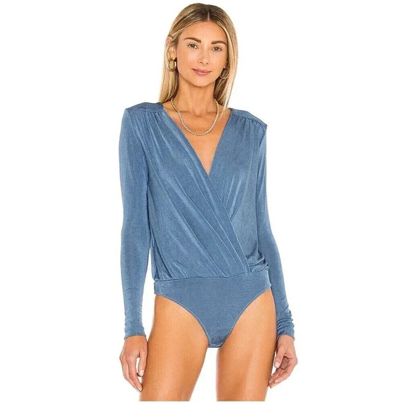 Free People Intimately Turnt Bodysuit Slate Blue Small V Neck Wrap Long Sleeve - Picture 2 of 10